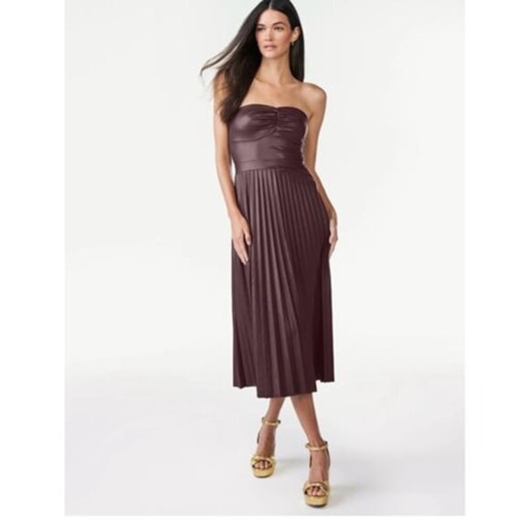 Scoop Dresses & Skirts - NWT - Scoop Faux Leather Strapless Pleated Midi Dress SIZE M - COLOR FUDGE
